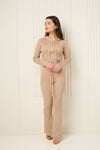 Ribbed hooded zip co-ord in Beige