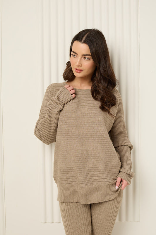 Ribbed textured co-ord in Taupe
