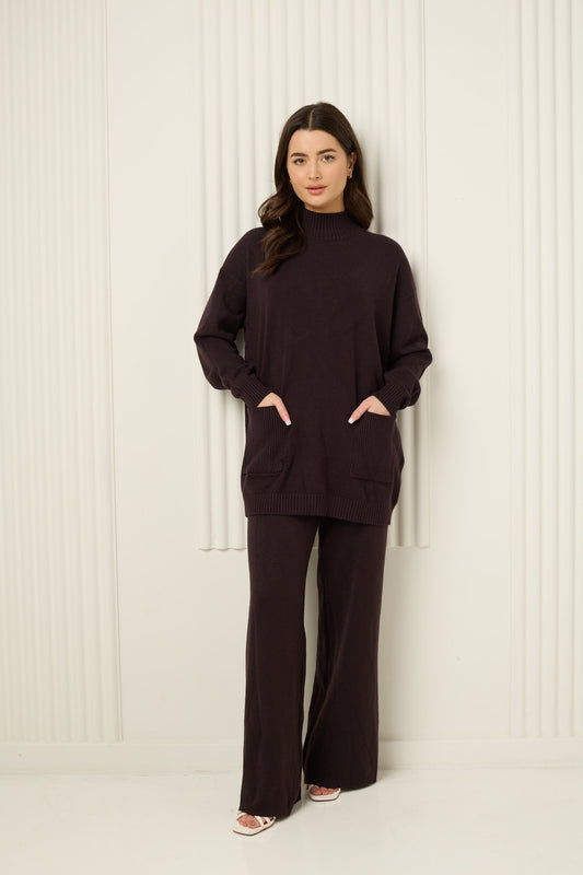 Soft knit front pocket co-ord in Choco