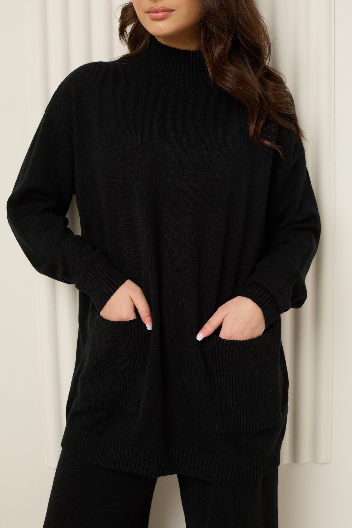 Soft knit front pocket co-ord in Black