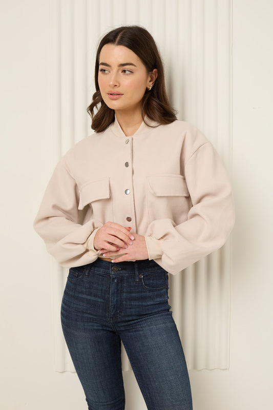 Front  pocket detailed cropped jacket in Beige