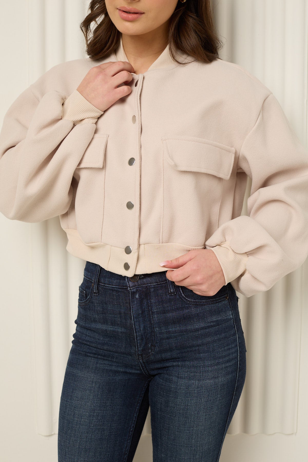 Front  pocket detailed cropped jacket in Beige