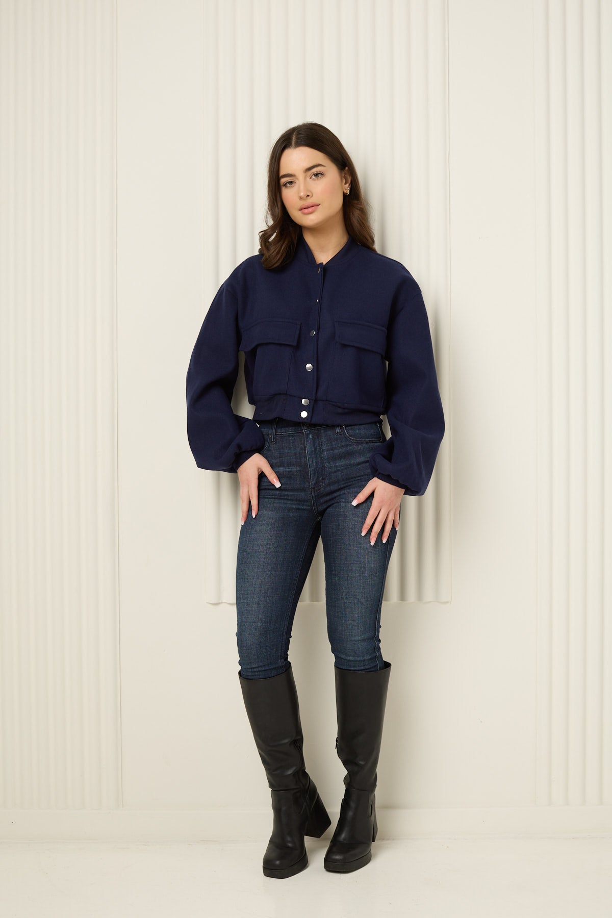 Front pocket detailed cropped jacket in Navy