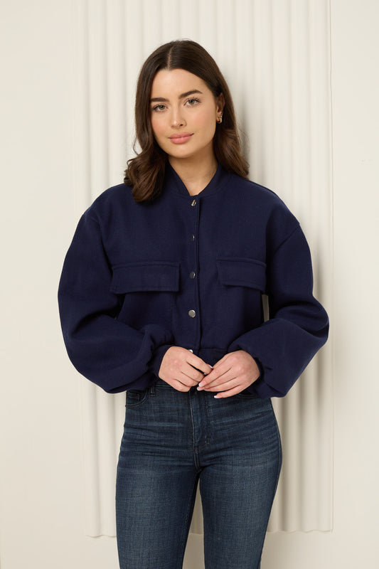 Front pocket detailed cropped jacket in Navy