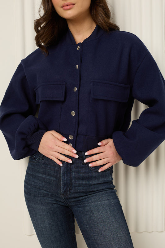 Front pocket detailed cropped jacket in Navy
