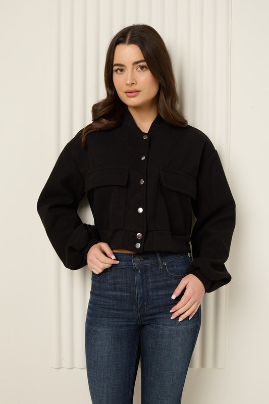 Front pocket detailed cropped jacket in Black