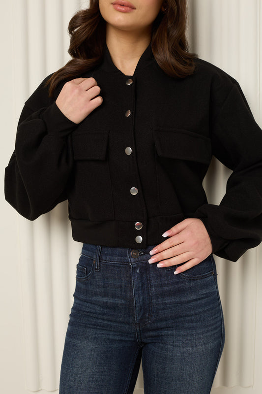 Front pocket detailed cropped jacket in Black