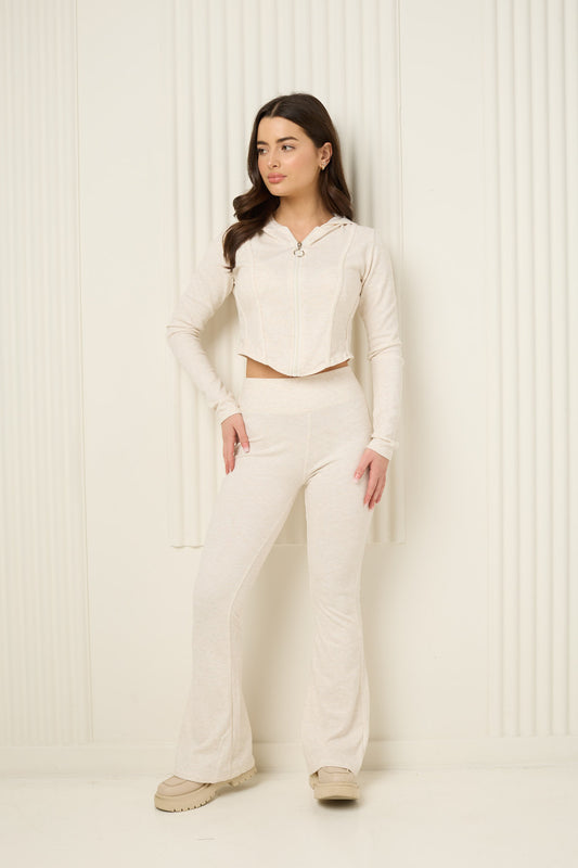 Soft ribbed zip hoody set in Beige