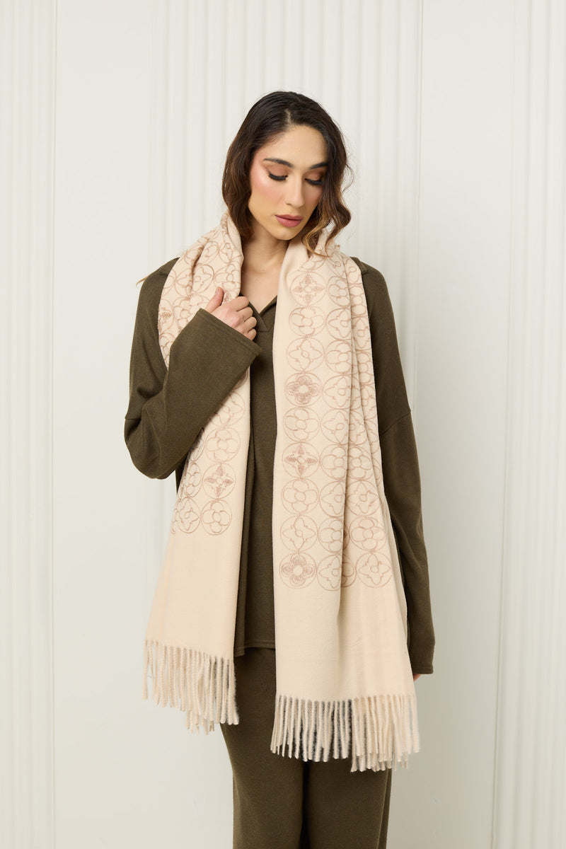 Flower embodied scarf in Beige