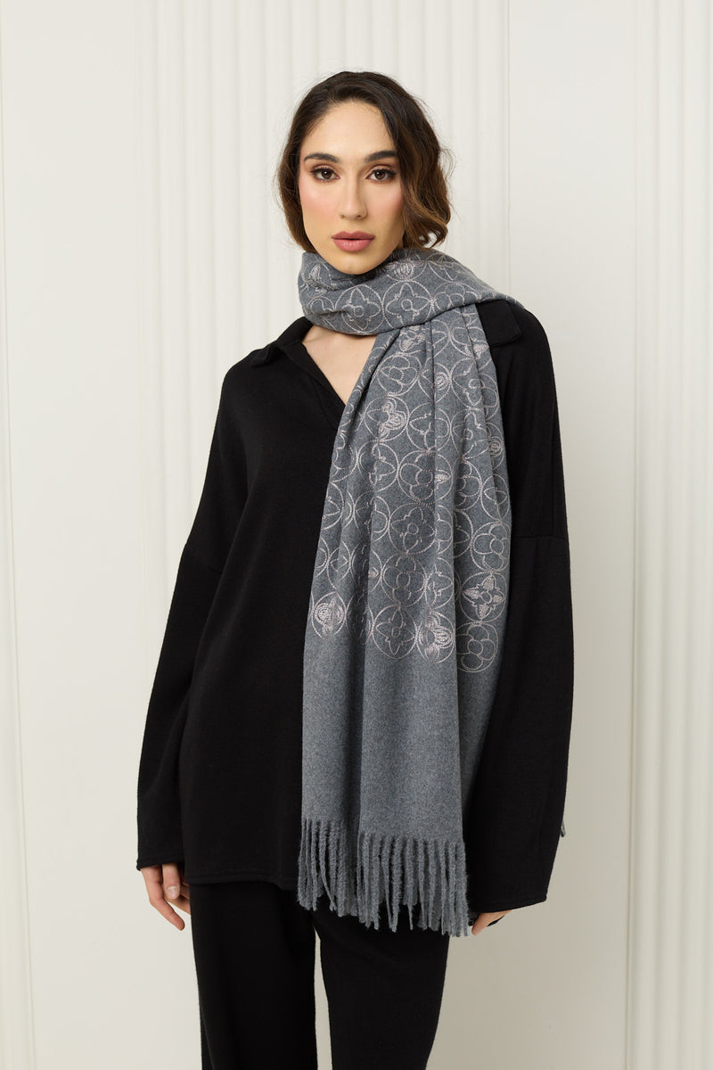 Flower embodied scarf in Grey