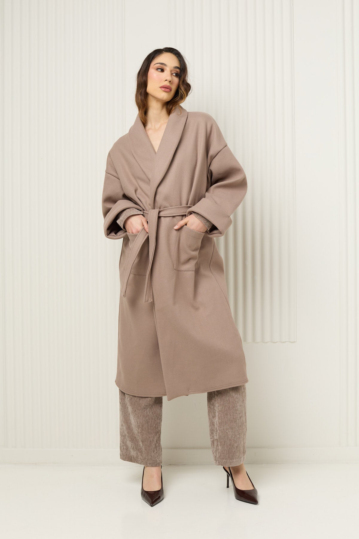 Soft belted wrap over coat in Taupe
