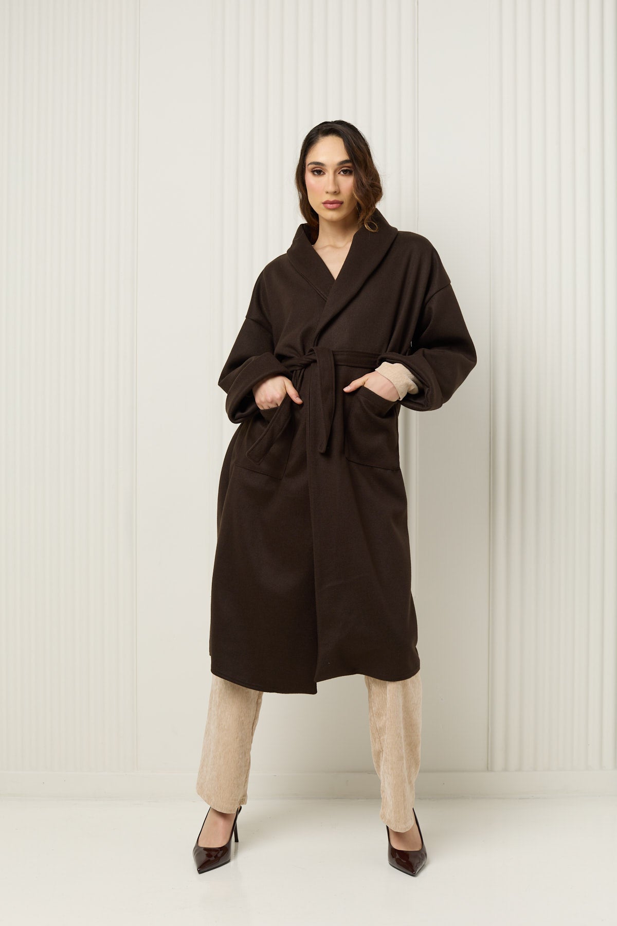 Soft belted wrap over coat in Choco
