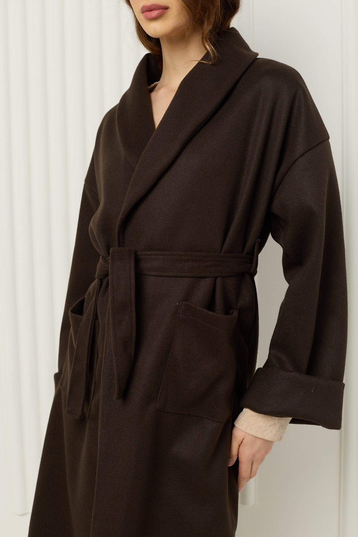 Soft belted wrap over coat in Choco