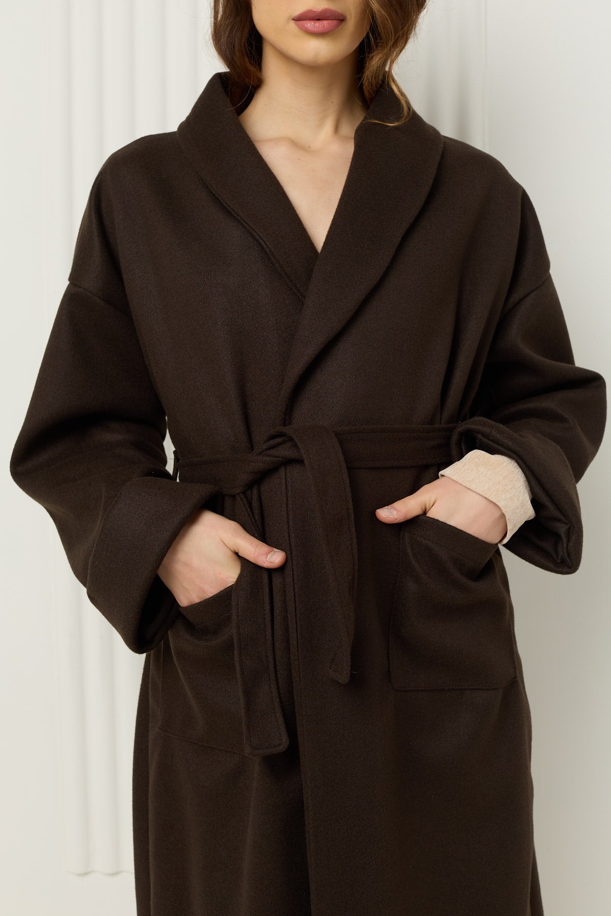 Soft belted wrap over coat in Choco