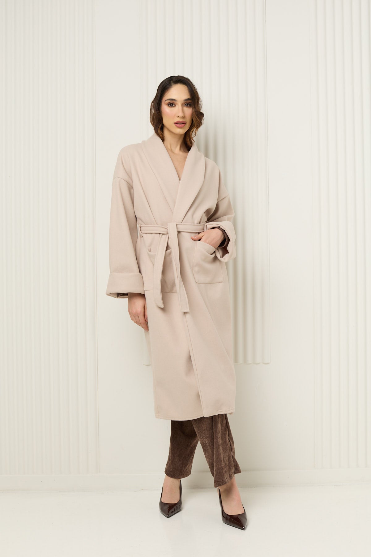 Soft belted wrap over coat in Beige