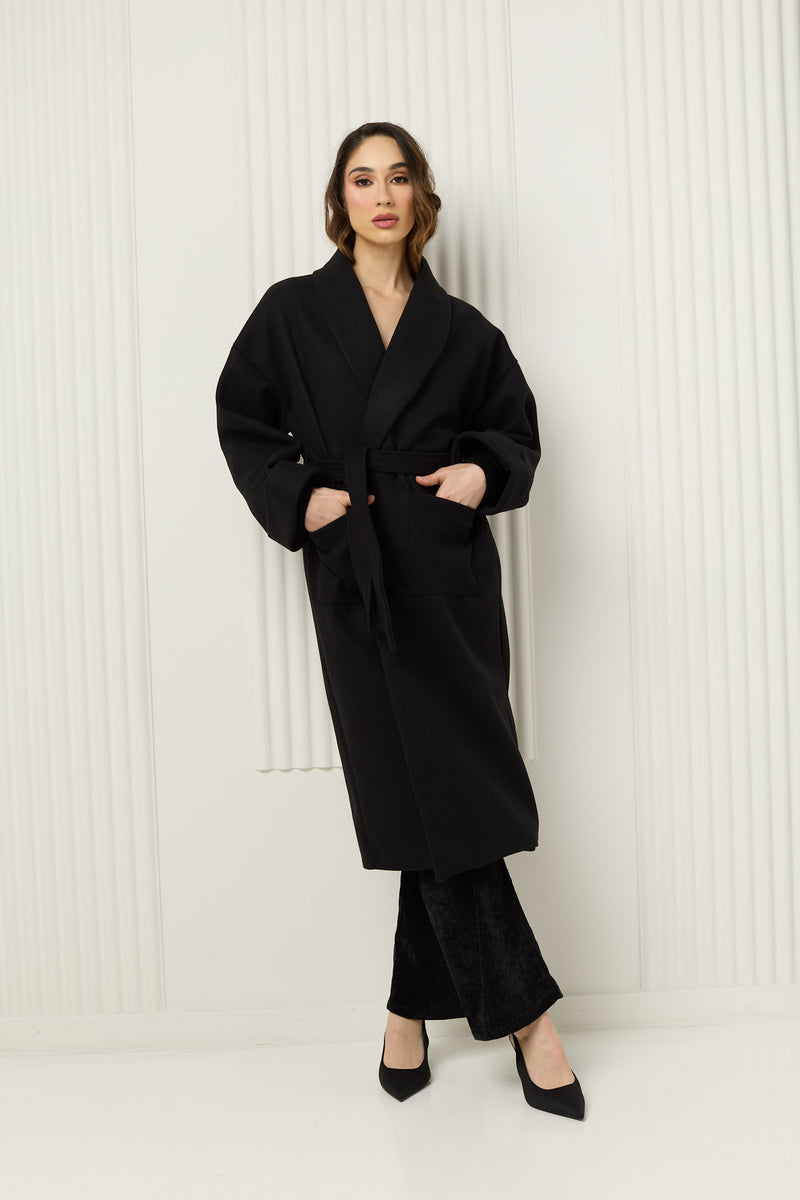 Soft belted wrap over coat in Black