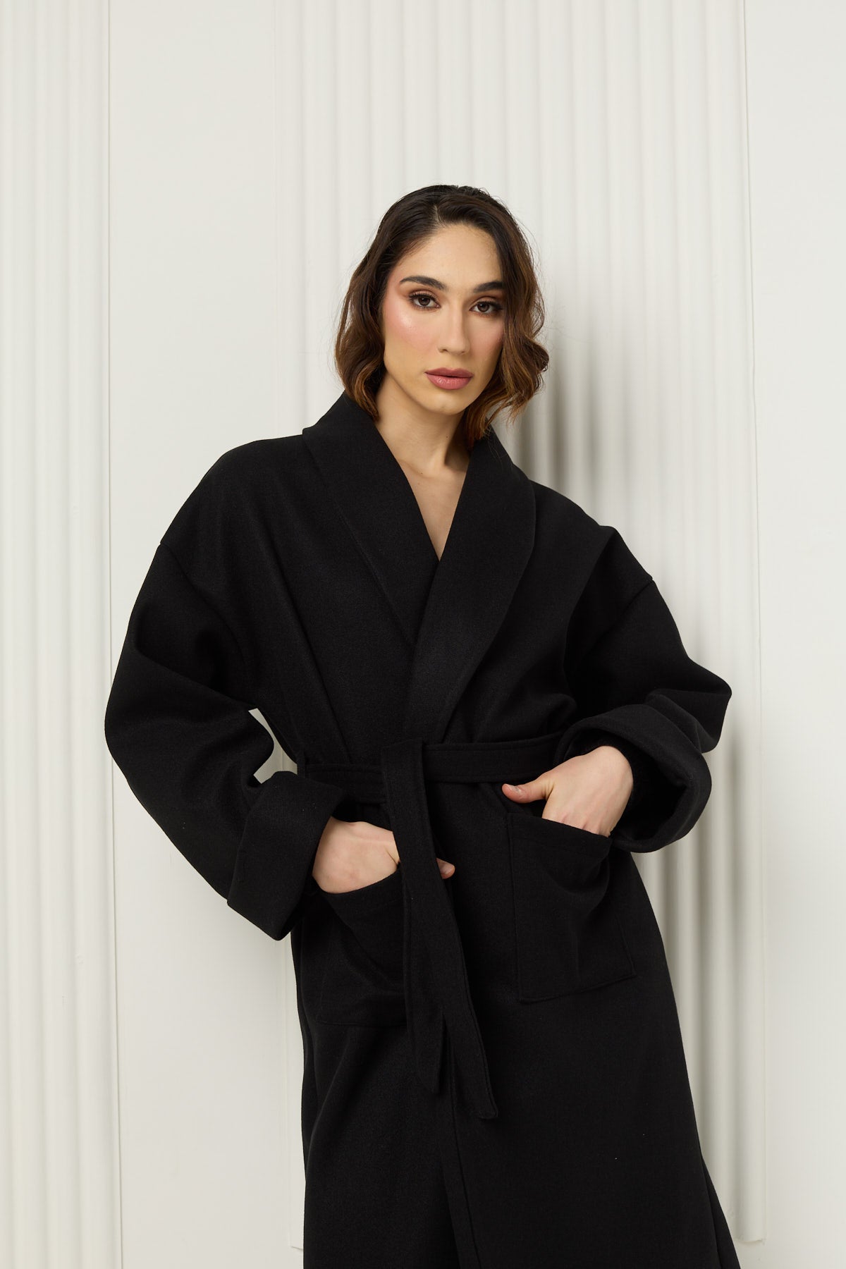 Soft belted wrap over coat in Black