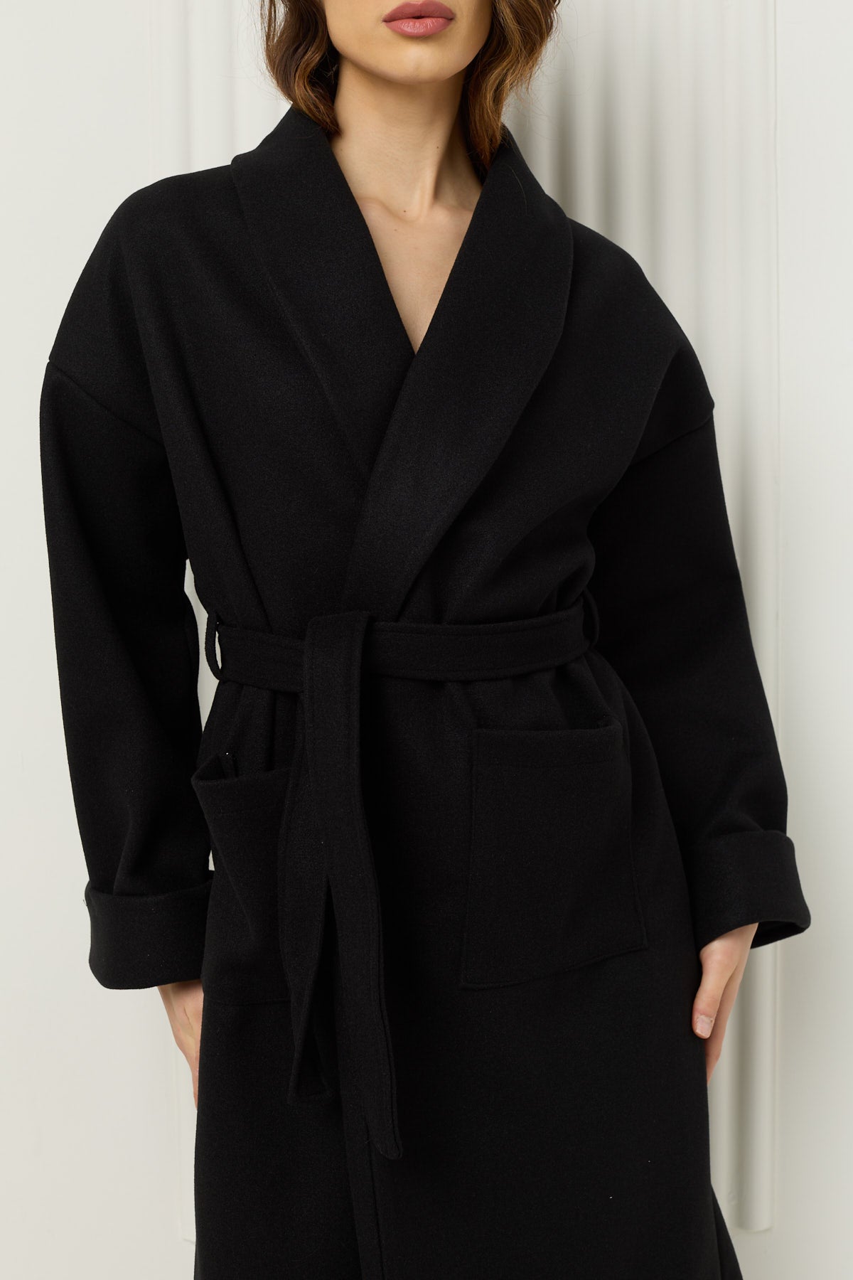 Soft belted wrap over coat in Black