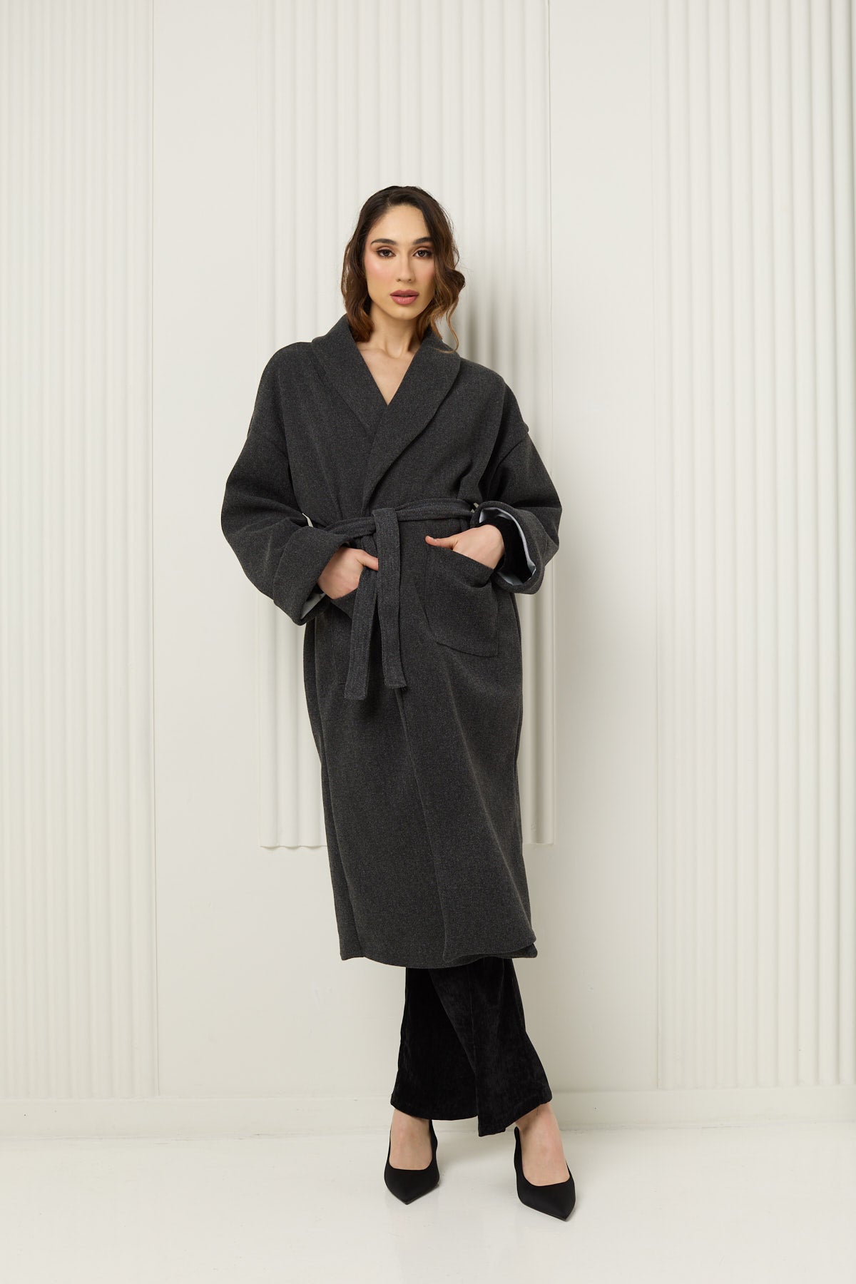 Soft belted wrap over coat in Dark Grey