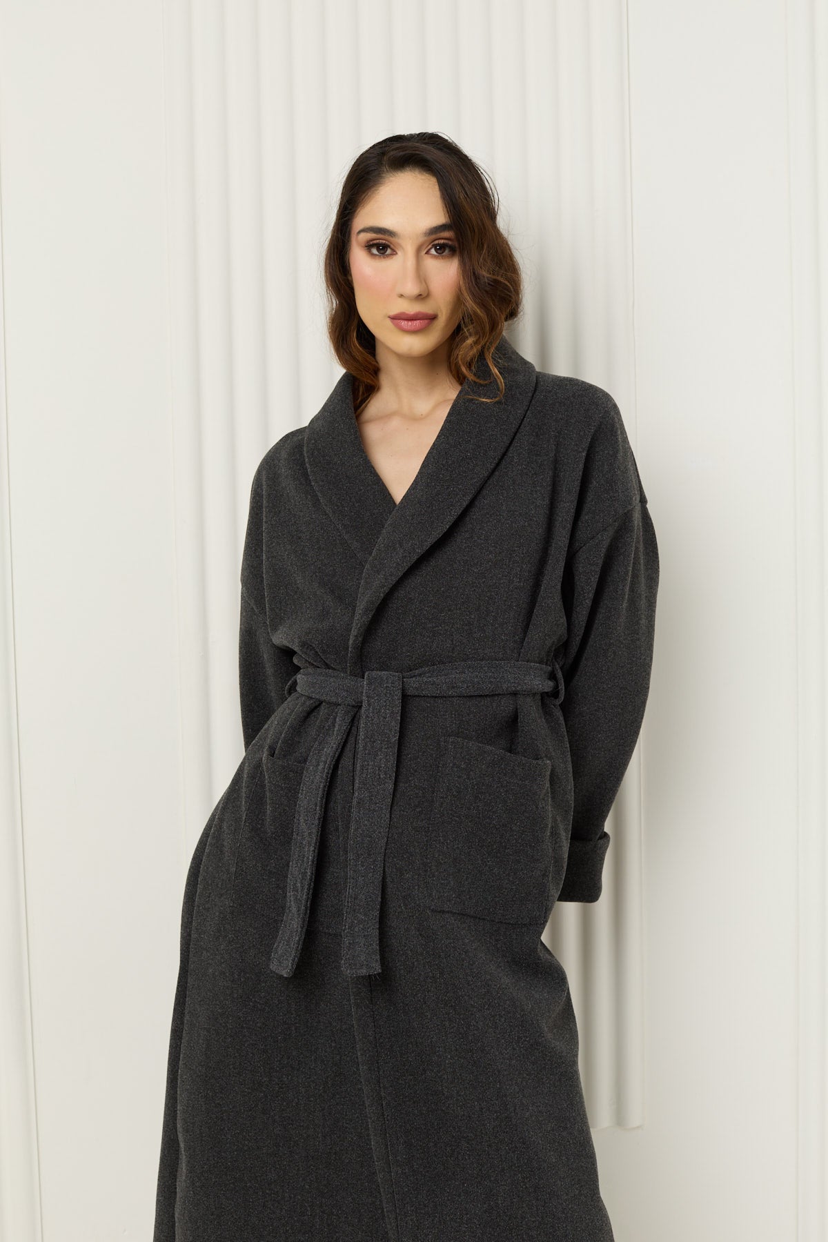 Soft belted wrap over coat in Dark Grey