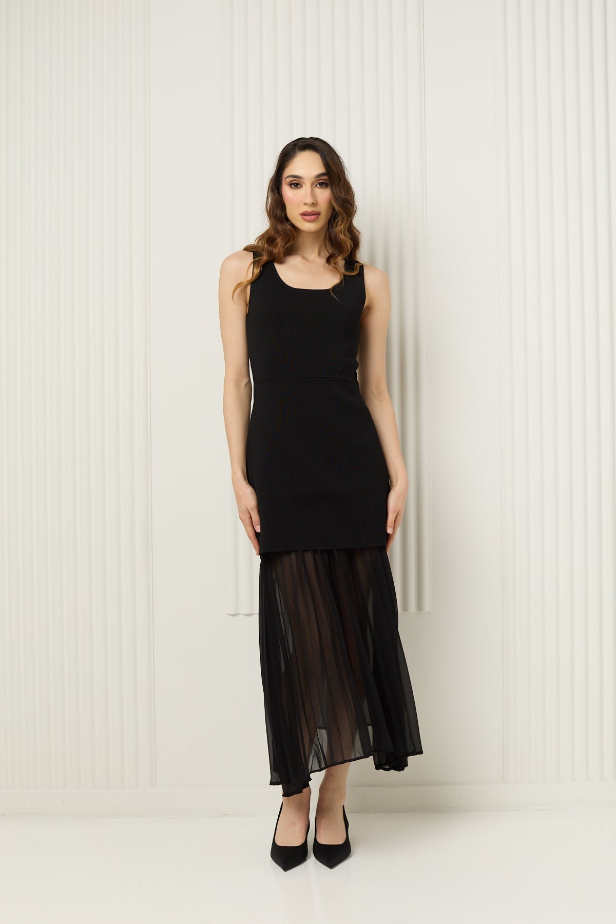 Maxi dress with mesh and pleated detailing in Black