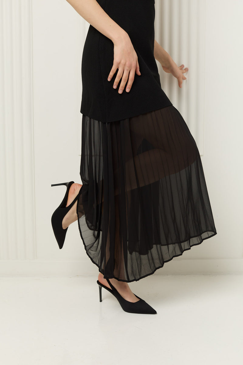 Maxi dress with mesh and pleated detailing in Black