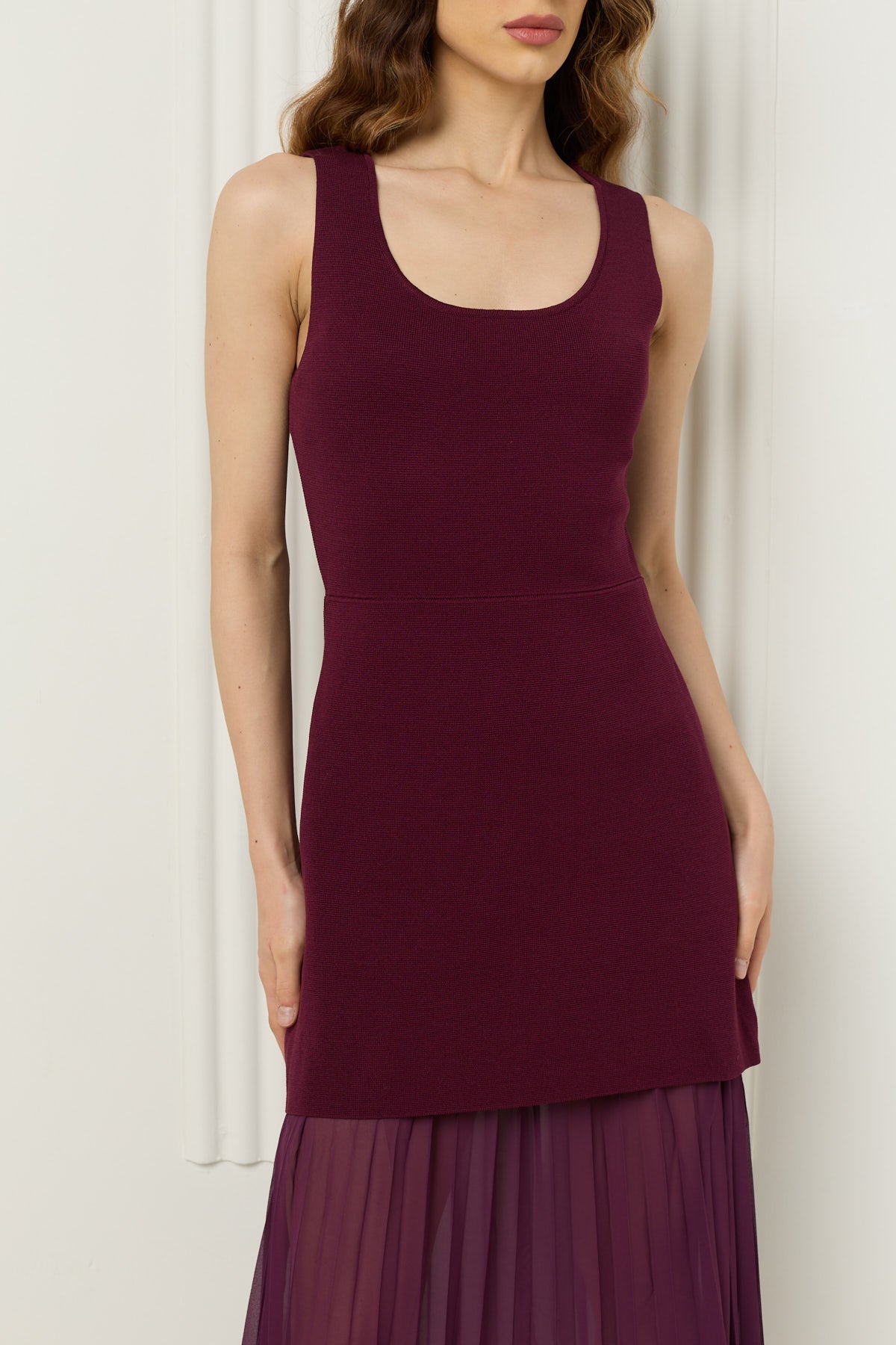 Maxi dress with mesh and pleated detailing in Wine