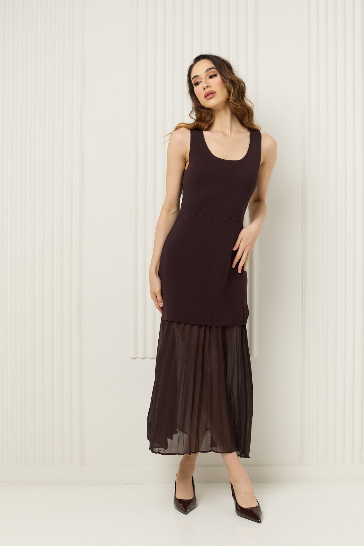Maxi dress with mesh and pleated detailing in Choco