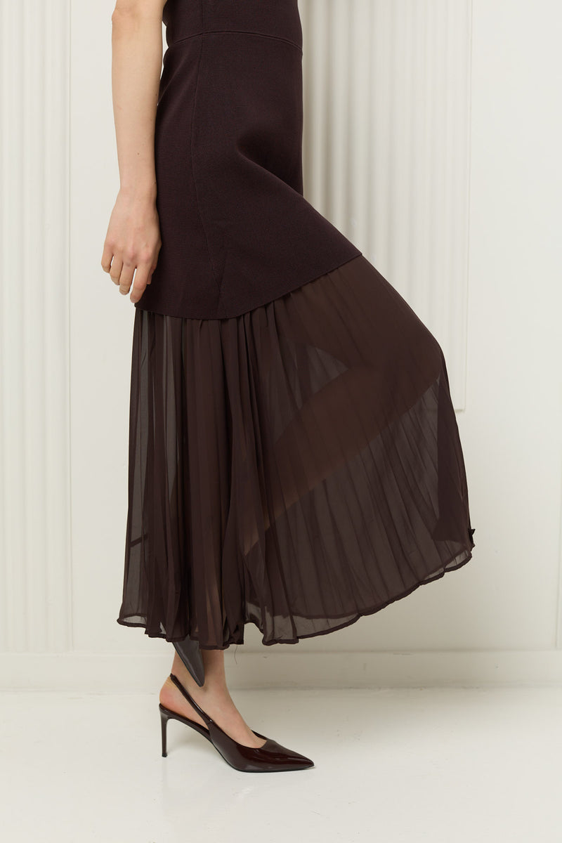 Maxi dress with mesh and pleated detailing in Choco