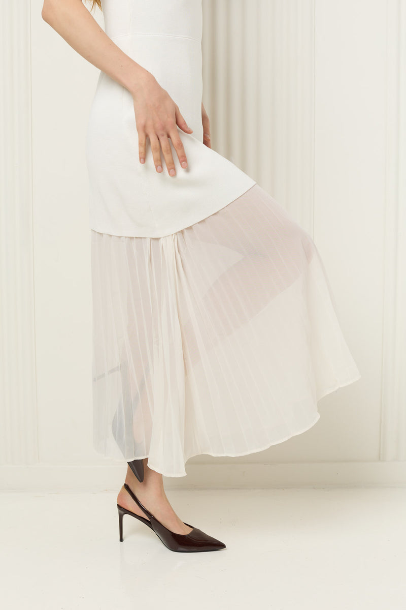 Maxi dress with mesh and pleated detailing in Cream