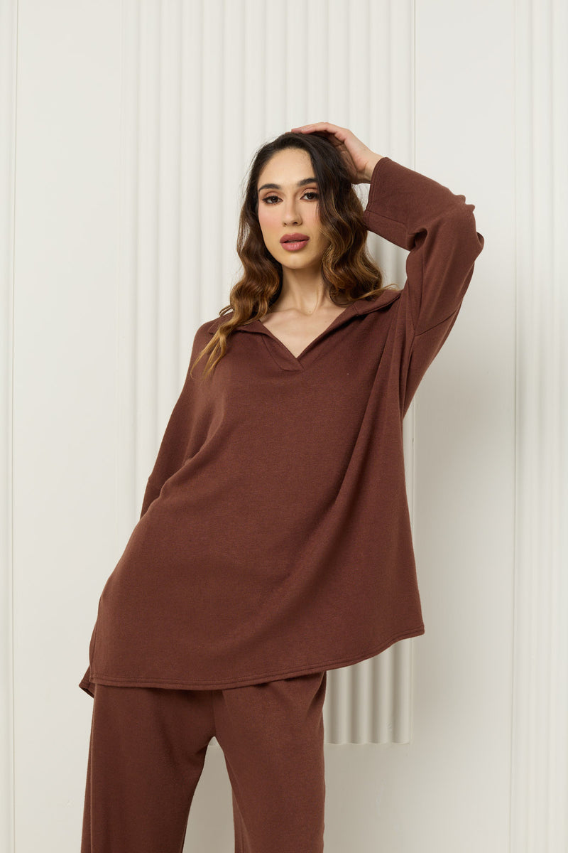 Soft knit collar co-ord in Choco