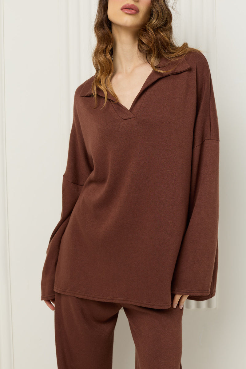 Soft knit collar co-ord in Choco