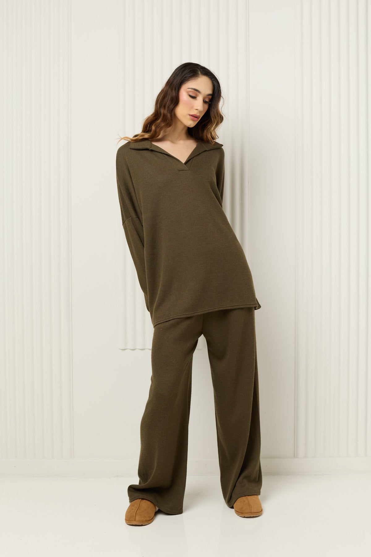 Soft knit collar co-ord in Khaki