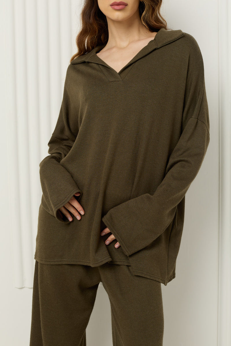 Soft knit collar co-ord in Khaki