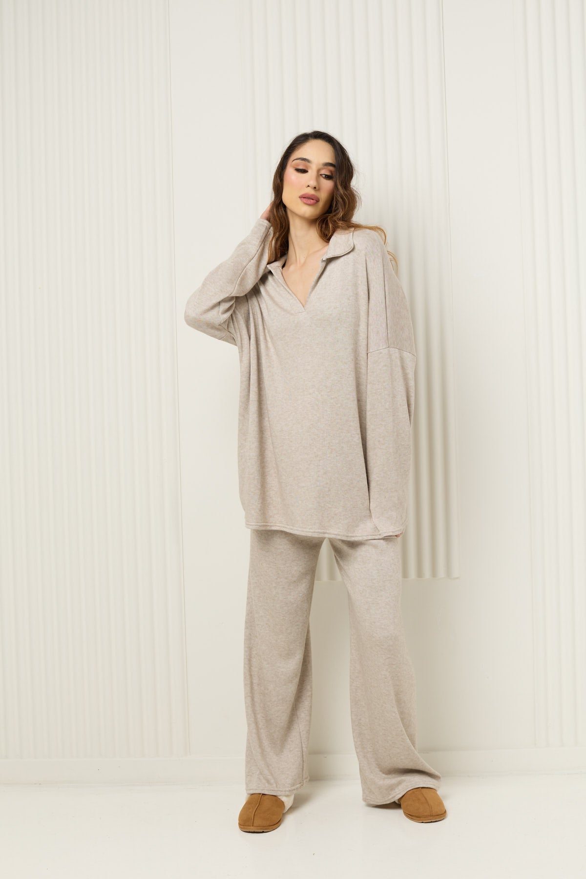 Soft knit collar co-ord in Beige