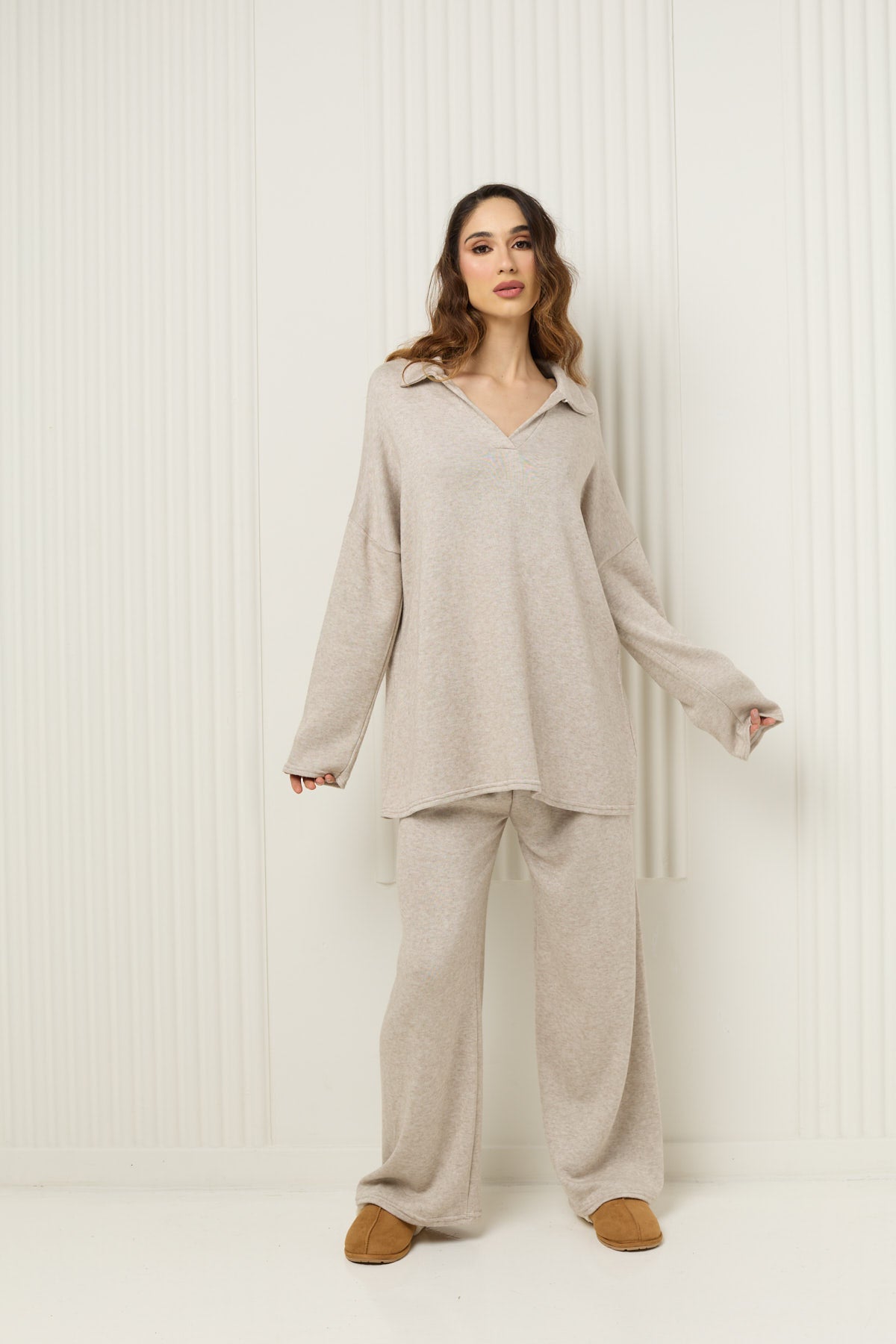 Soft knit collar co-ord in Beige