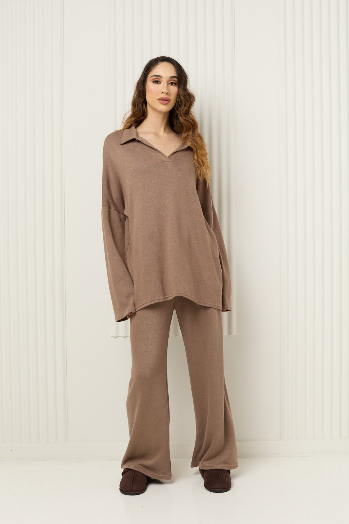 Soft knit collar co-ord in Taupe