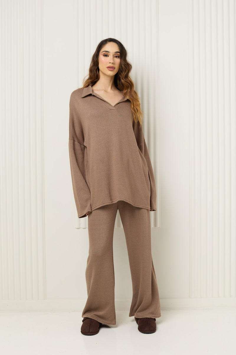 Soft knit collar co-ord in Taupe