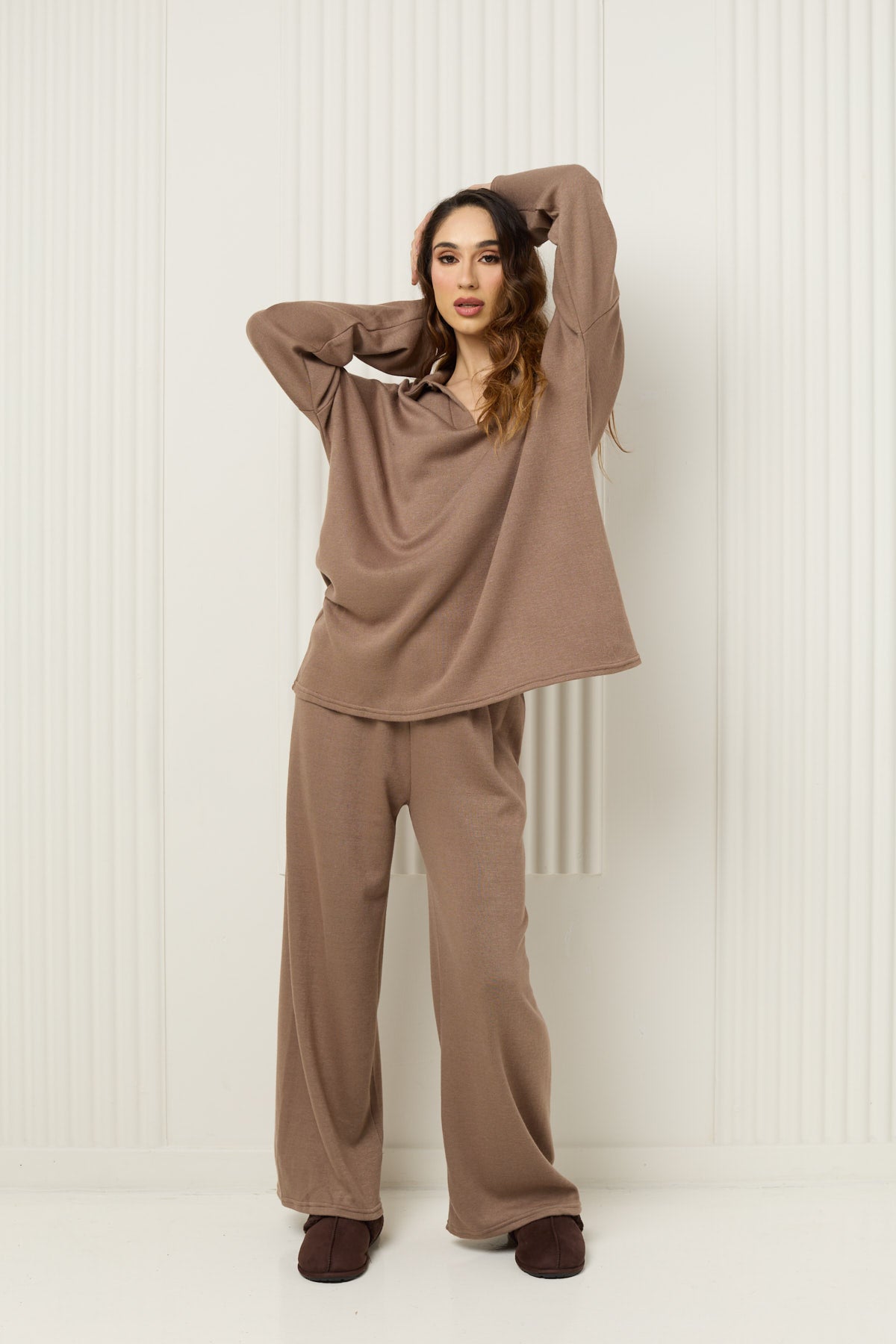 Soft knit collar co-ord in Taupe