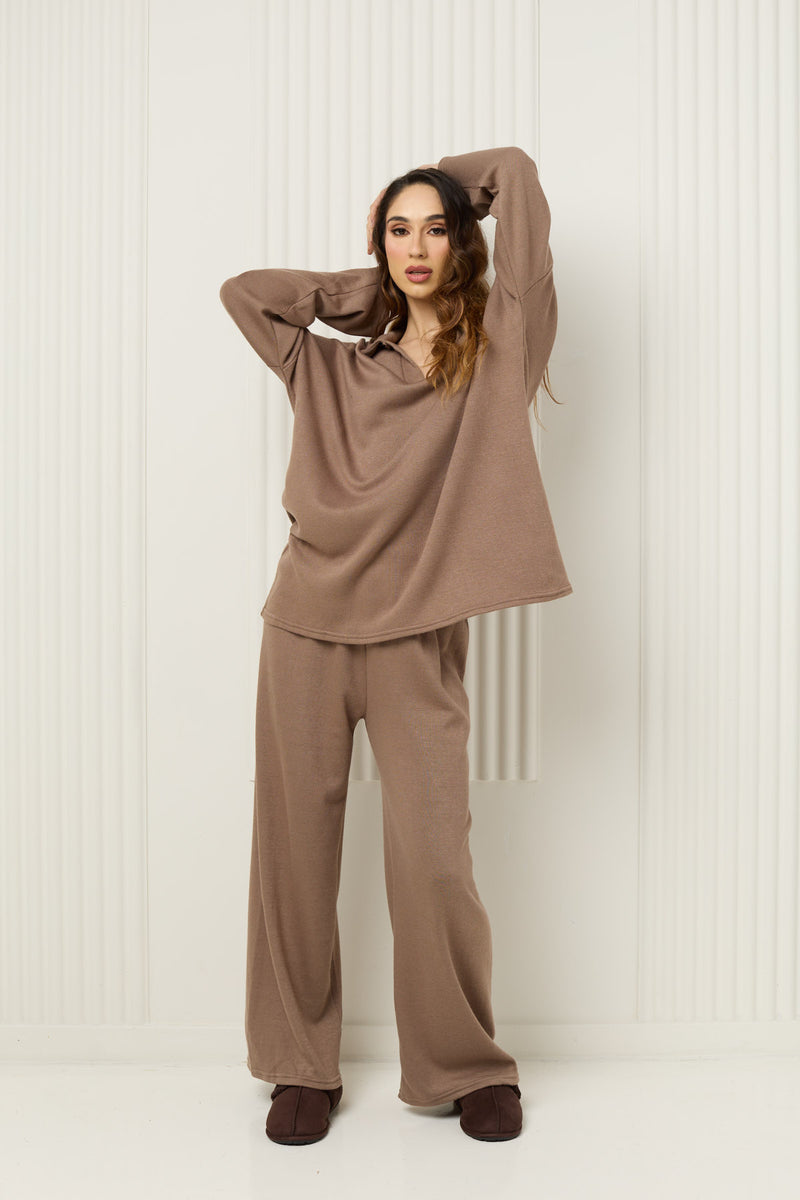 Soft knit collar co-ord in Taupe