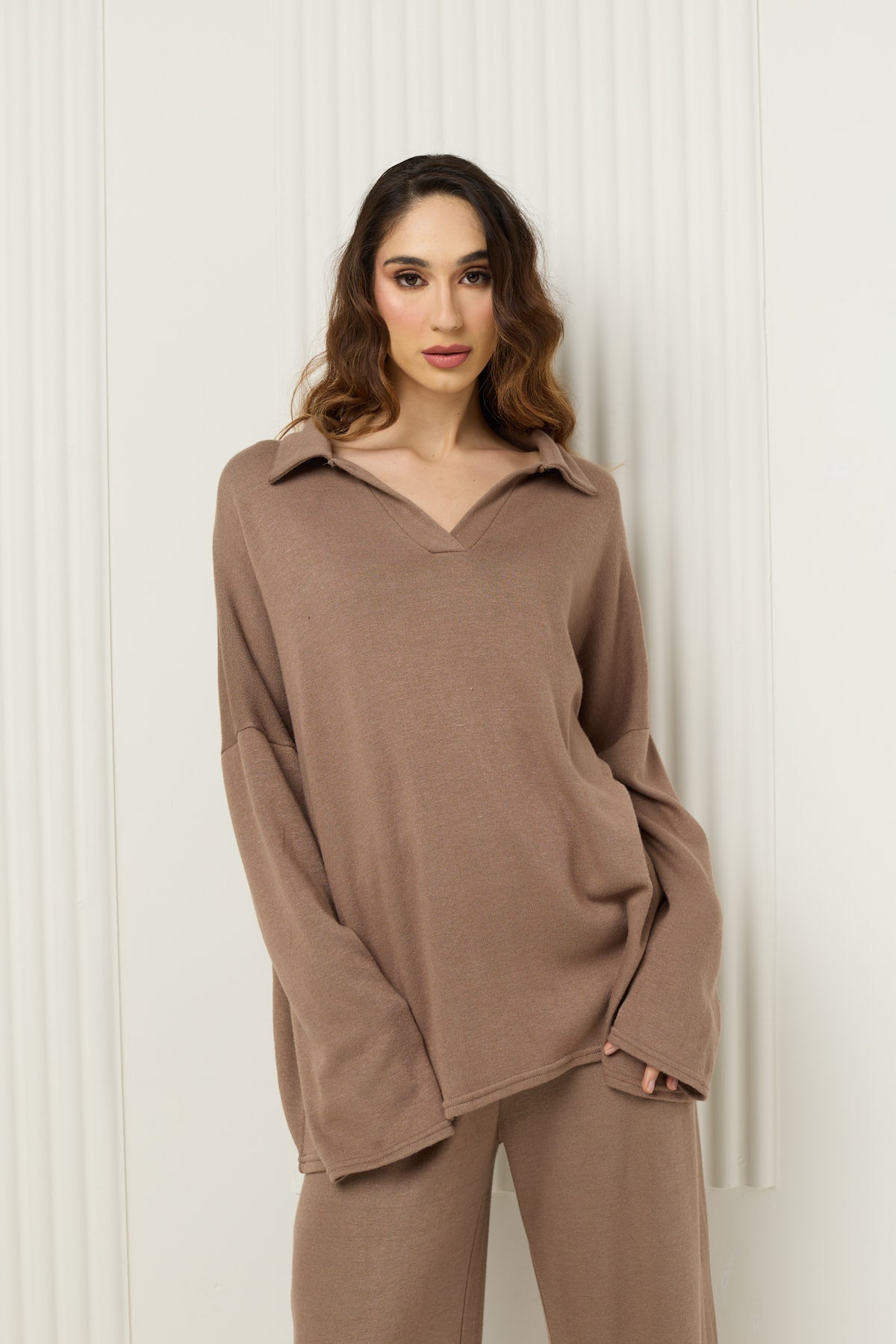 Soft knit collar co-ord in Taupe