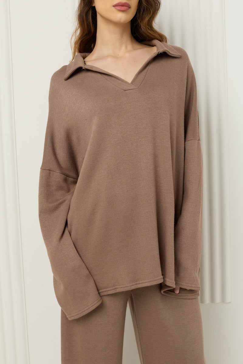 Soft knit collar co-ord in Taupe
