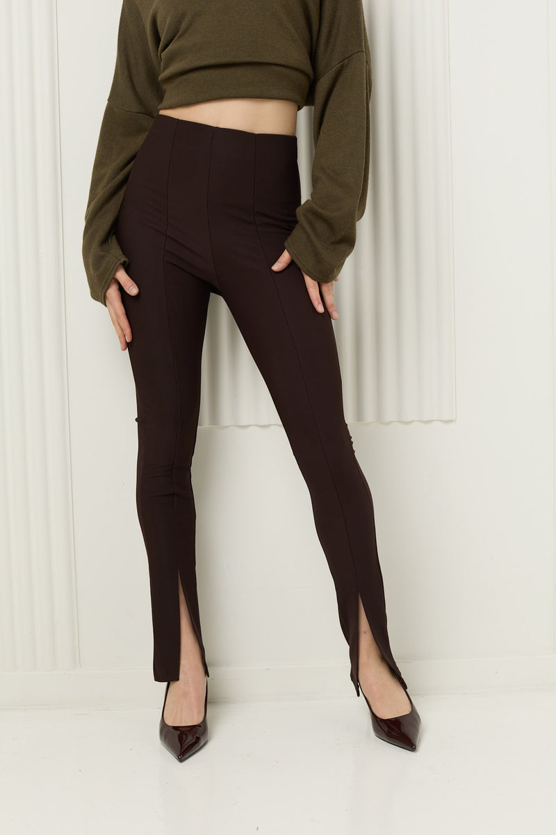 High waist trousers with hem split in Brown