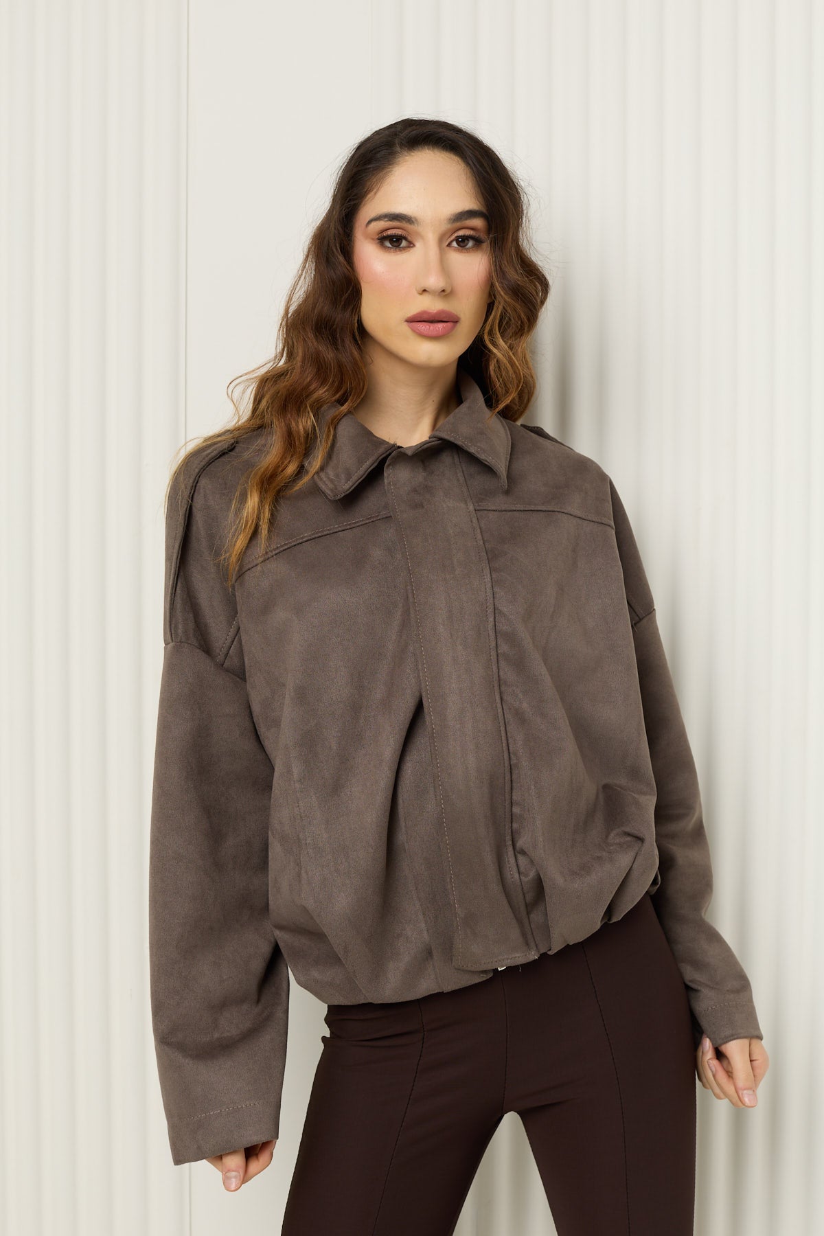 Suede bomber jacket in Taupe