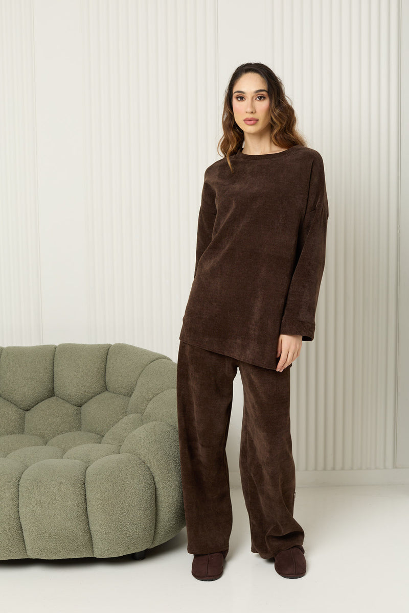Corduroy round neck co-ord in Choco