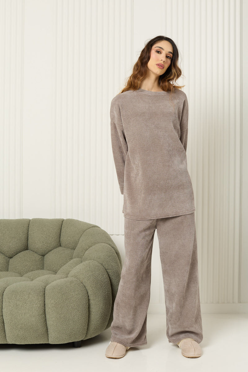 Corduroy round neck co-ord in Taupe