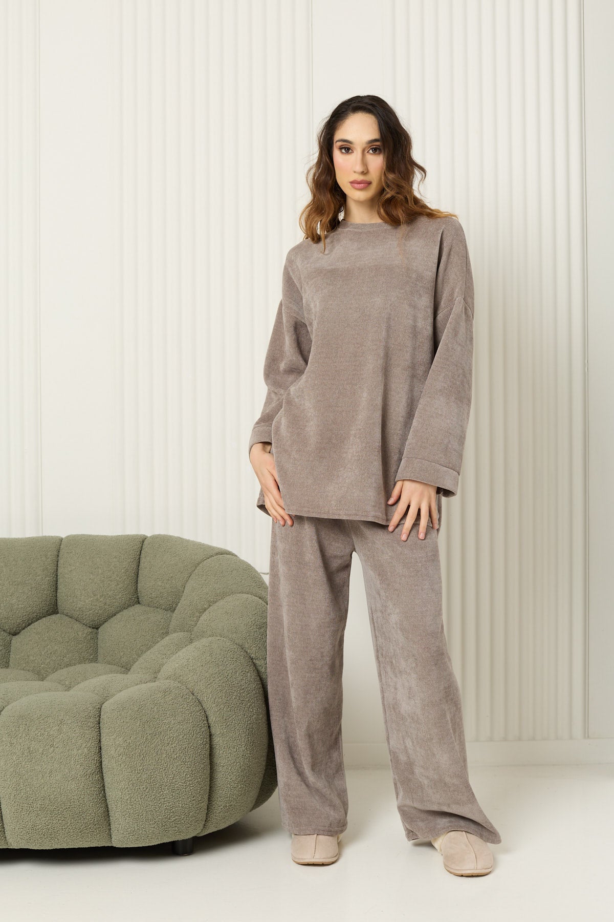 Corduroy round neck co-ord in Taupe