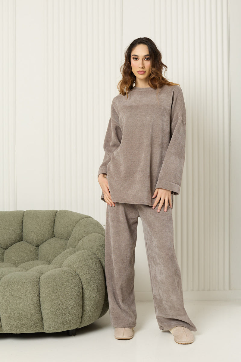 Corduroy round neck co-ord in Taupe