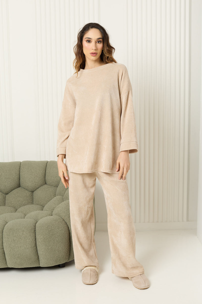 Corduroy round neck co-ord in Beige