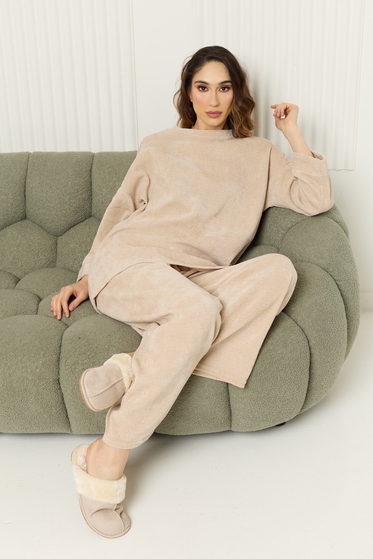 Corduroy round neck co-ord in Beige